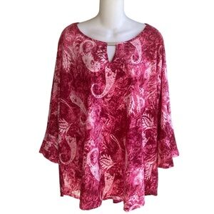 Notations Plus Size Fuchsia 3/4 Ruffle Sleeve Jacquard Keyhole Blouse Top 2X NWT